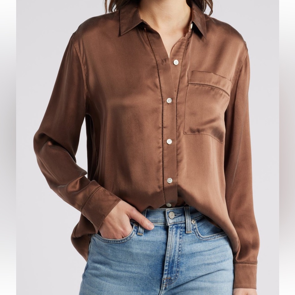 NEW Rails Oak Button-Up Satin Shirt in Espresso